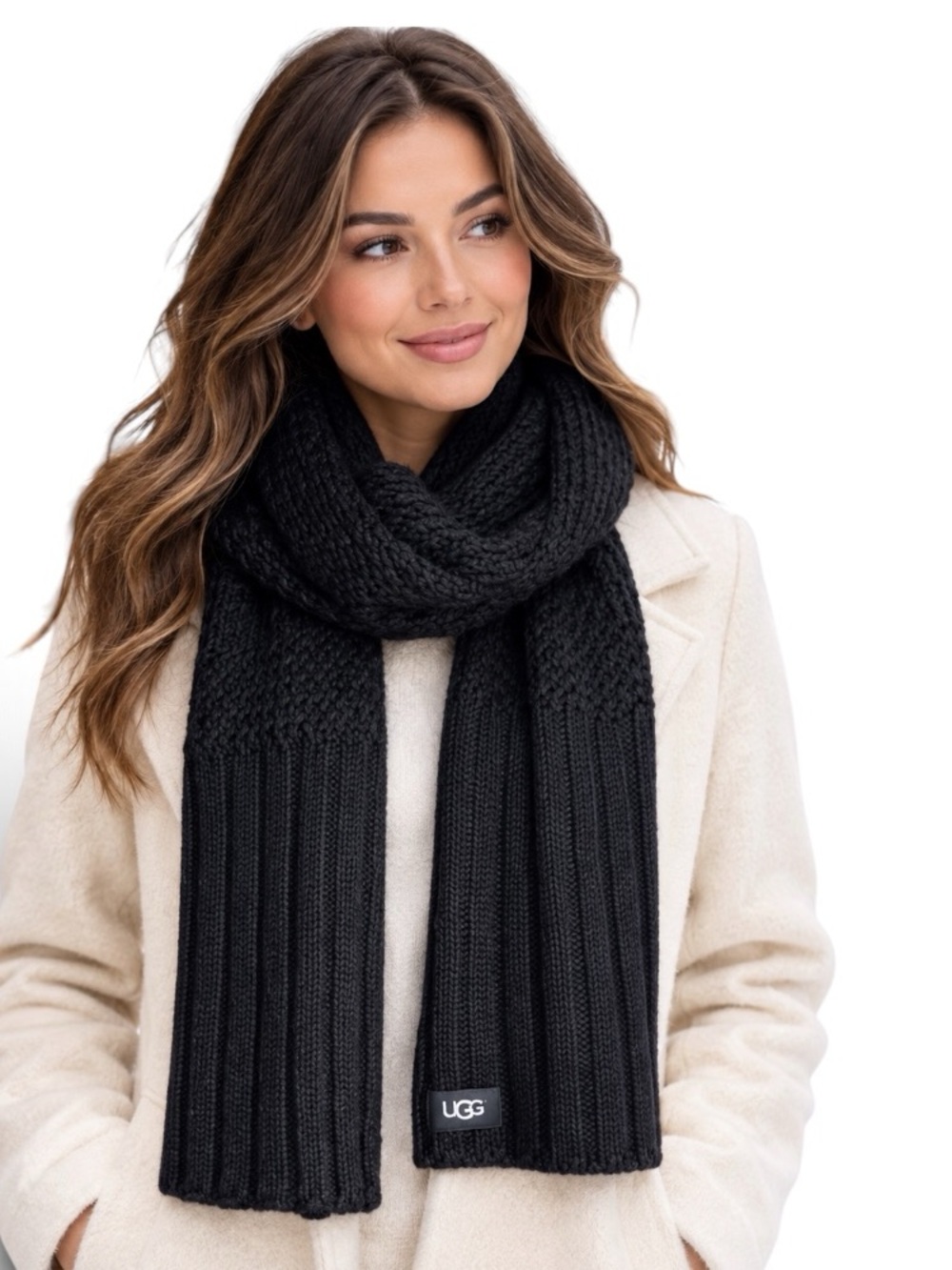 UGG Oversized Ribbed Wool Blend Scarf Black OS NWOT